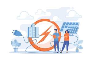 Businessmen use solar energy panels to produce electricity for the city. Solar energy, solar power plant, alternative source of electricity concept. flat vector modern illustration