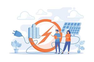 los empresarios usan paneles de energía solar para producir electricidad para la ciudad. energía solar, planta de energía solar, fuente alternativa de concepto de electricidad. ilustración moderna de vector plano