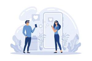 Man and woman using online dating app on smartphone and meeting at table, tiny people. Blind date, speed dating, online dating service concept. flat vector modern illustration