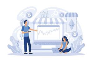 Cryptocurrency exchange platform, bitcoin transactions, cryptocurrency marketplace for exchange of Bitcoin and digital currencies  working on laptop computers and giant crypto coins flat illustration vector