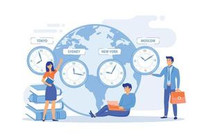 Worldwide business, international company branches. Clocks showing local timezone. Time zones, international time, world business time concept. vector