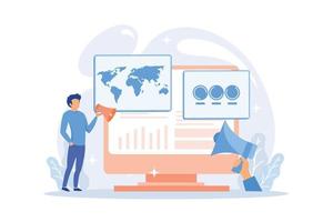 análisis de encuestas globales en línea. mapa mundial, estrategia de marketing, encuestas. analizando las respuestas del cuestionario de ciudadanos de diferentes países. ilustración moderna de vector plano