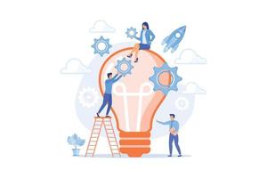 Tiny business people generating ideas and holding gears at big light bulb. Idea management, alternative thinking, best solution choice concept. vector