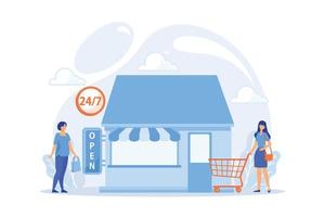 24 hours open shop flat vector illustration. Local store, 24 7 service, around clock marketing concept. Buyers with purchases characters.flat vector modern illustration