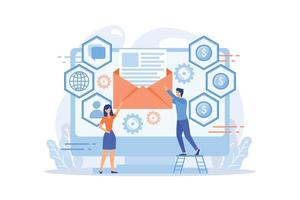 Customer receiving automated marketing message, tiny people. Marketing automation system, automated advertise message, marketing dashboard concept. flat vector modern illustration