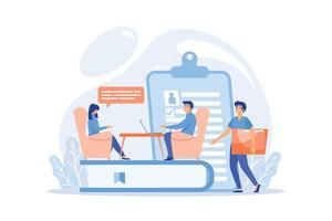 HR specialist having an interview with job applicant and candiadates waiting. Job interview, employment process, choosing a candidate concept.flat vector modern illustration