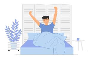 Happy young man wake up in the morning vector