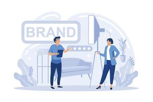 conjunto de conceptos de creación de marca. especialistas en marketing diseñan una presentación única de la empresa y una identidad creativa. reconocimiento de marca como parte de la estrategia de marketing.