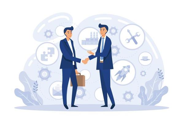 Business meeting successful teamwork metaphor. Employee centric and partner-centric business, collaborating, brainstorming, discussion idea. Partner startup. Strategic partnership, Illustration