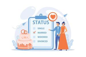 pareja casada y estado civil en el portapapeles, gente diminuta. estado civil, estado civil y concepto de separación, matrimonio y divorcio. ilustración moderna de vector plano