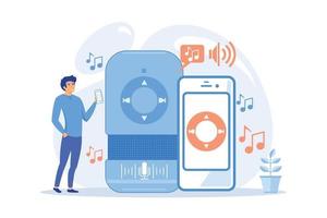 User playing music on smart speaker and mobile phone. Music playback and streaming, voice activated digital assistants for mobile applications concept.flat vector modern illustration