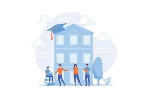 Students interacting with each other, making friends at university. College campus tours, university campus events, on-campus learning concept. flat vector modern illustration