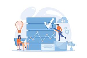 Developers with magnifying glass studying data analytics. Database research and management, search analysis, big data statistics and sharing concept. flat vector modern illustration