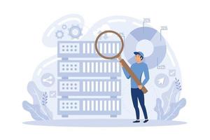 Developer with magnifying glass working with big data and zigzag arrow. Digital analytics tools, data storage and software engineering concept. flat vector modern illustration