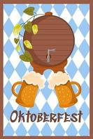 Oktoberfest festive banner background. Germany event beer festival. Design elements woden barrel and mugs with drinks. Invitation card template or poster. Flat Vector illustration