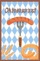 Oktoberfest festive banner background. Fork with a sausage and pretzel with wheat decoratoin. Germany event beer festival. Invitation card template or poster. Flat Vector illustration