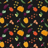 Organic Veggie seamless pattern with fresh cucumber, cherry tomato, eggplant, carrot, beetroot, pumpkin, radish and potato. Hand drawn vector ornament black background