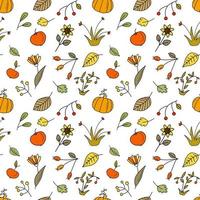 Seamless pattern with autumn apples, pumpkins and different berries in doodle hand drawn style. Vector endless texture for fabric, cloth, backdrop on white background
