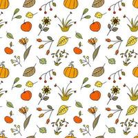 Seamless pattern with autumn apples, pumpkins and different berries in doodle hand drawn style. Vector endless texture for fabric, cloth, backdrop on white background