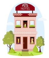 hotel para mascotas. un edificio para sobreexponer mascotas mientras sus dueños están de viaje. cuidado de diferentes tipos de concepto de animales. ilustración vectorial plana de dibujos animados vector