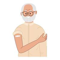 Happy elderly man with beard and glasees showing injection bandage after coronavirus vaccination. Smiling senior man after safety vaccine. Cartoon flat vector illustration