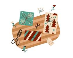 Christmas and New Year presents wrapping process. Pack gift boxes in craft paper and decorate with dry plants and label. Xmas celebration preparation. Cartoon flat vector ilustration