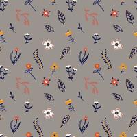 Floral seamless pattern in Scandinavian style. Cute stylized decorative flowers background. Folk art vector texture on grey background