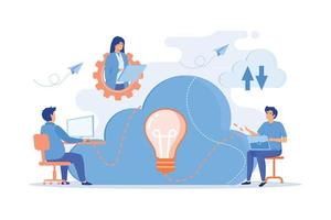 Coworking team of users connected by cloud computing and light bulb. Online collaboration, remote business management, wireless computing service concept. vector