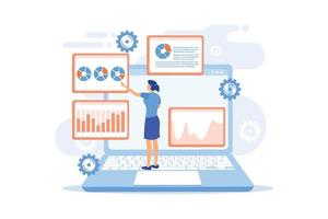 Social media data center. SMM stats, digital marketing research, market trends analysis. Female expert studying online survey results.  flat vector modern illustration