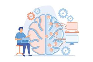 Brain with digital circuit and programmer with laptop. Machine learning, artificial intelligence, digital brain and artificial thinking process concept.  flat vector modern illustration