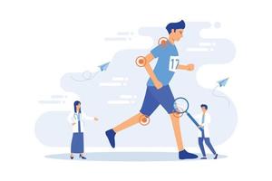 Athlete running and tiny people physicians treating injuries. Sports medicine, sports medical services, sports physician specialist concept. flat vector modern illustration