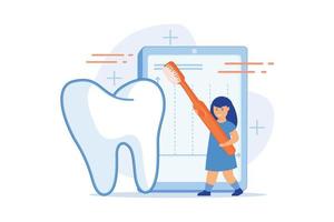 aprender a cepillarse los dientes a través del juego. cepillo de dientes eléctrico para niños, cepillos de dientes inteligentes con sensor, limpieza dental conectada a la aplicación, concepto divertido de cuidado bucal. ilustración moderna de vector plano