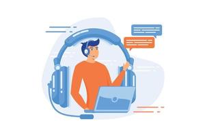 Contact, call center. Client support, help service, hotline idea. Headset with microphone, man and message boxes compositions. Stereo equipment.flat vector modern illustration