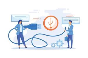 Businessman and woman choosing port to insert cable and USB symbol. USB connection, USB port standard, digital data communications concept. flat vector modern illustration