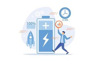 Users and battery performance and longevity with charge indicator and time. Battery runtime, extend runtime technology, long battery life concept. flat vector modern illustration