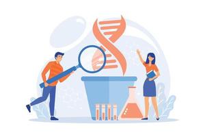 Scientists with magnifier looking at huge DNA in the pot. Genetically modified plants, GM crops and biotech crops concept on white background.  flat vector modern illustration