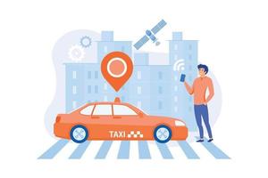 Businessman with smartphone taking driverless taxi with sensors and location pin. Autonomous taxi, self-driving taxi, on-demand car service concept. vector