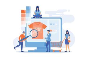 T-shirt print on demand services. Promotional apparel design. Merch clothing, custom merchandise products, merch design service concept. flat vector modern illustration