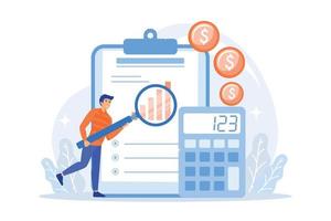 Audit service assistance. Financial report, bookkeeping analysis, company finances management. Financier making corporate expenses assessment. flat vector modern illustration