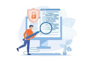 Computer forensic science. Digital evidence analysis, cybercrime investigation, data recovering. Cybersecurity expert identifying fraudulent activity.  flat vector modern illustration