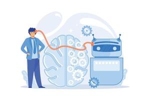 Modern robot artificial intelligence connected to human brain. Augmented intelligence, human intelligence enhance, AI human support concept. flat vector modern illustration