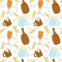 Seamless pattern with varied beer and wheat elements and dots. Vector hand drawn endless texture for wallpaper, octoberfest banner, brewery broshure etc