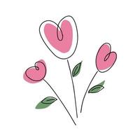 Bouquet of pink hearts with leaves. Vector hand drawn illustration