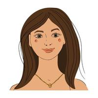 The face of a beautiful smiling girl. A girl with green eyes and dark long hair. Hand drawn vector ilustration