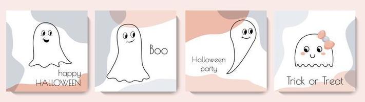 Cute Ghost Halloween card set template. Trick or treat, Happy holiday collection of modern posters or banner. Vector cartoon illustration