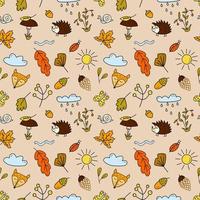 Seamless pattern with forest animals, mushrooms, autumn leaves and berries in doodle style. Cartoon vector illustartion on beige background
