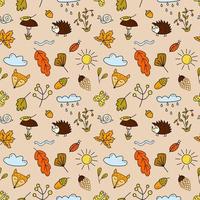 Seamless pattern with forest animals, mushrooms, autumn leaves and berries in doodle style. Cartoon vector illustartion on beige background