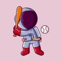 lindo astronauta jugando béisbol ilustración vectorial de dibujos animados. icono de estilo de dibujos animados o vector de carácter de mascota.