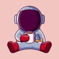 Cute Astronaut Drinking Coffee Cartoon Vector Illustration. Cartoon Style Icon or Mascot Character Vector.