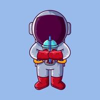 lindo astronauta bebiendo boba de pie ilustración vectorial de dibujos animados. icono de estilo de dibujos animados o vector de carácter de mascota.